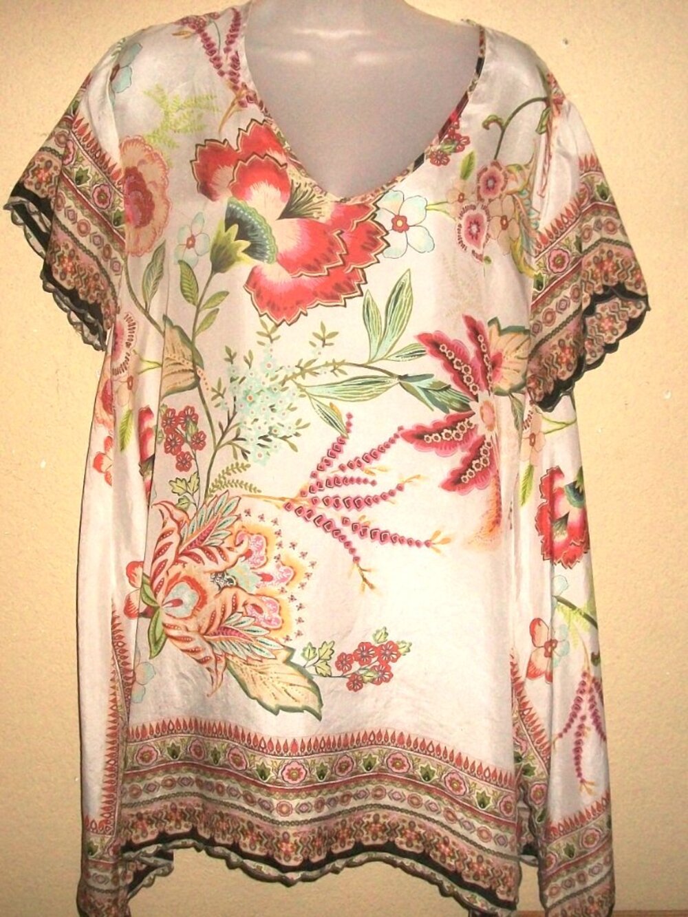 Johnny Was Kaweah 100% Silk Short Sleeve Floral Blouse L + Johnny Was Tote